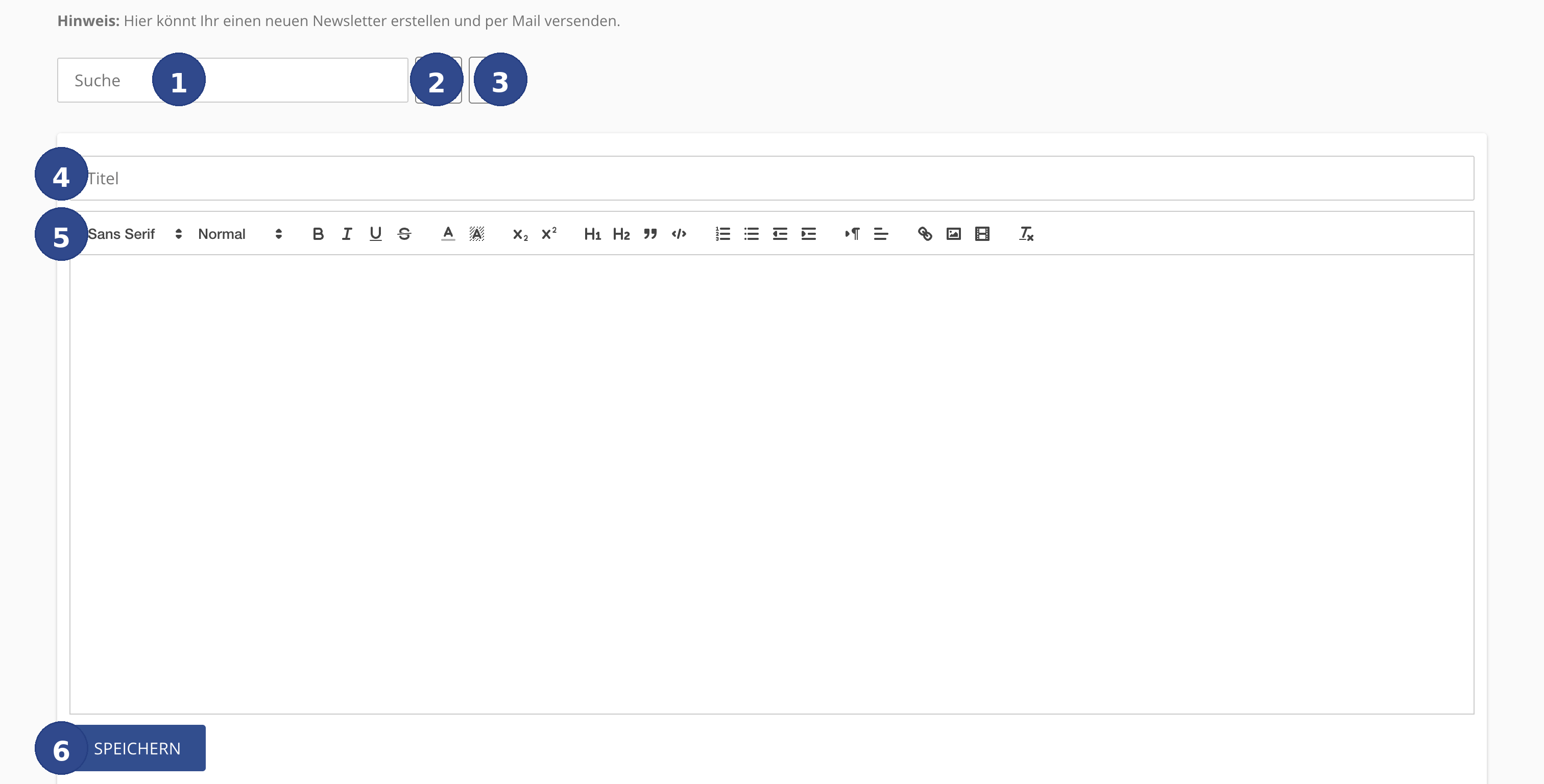 Newsletter-Erstellungsansicht mit Suchfeld, Titel und Rich-Text-Editor