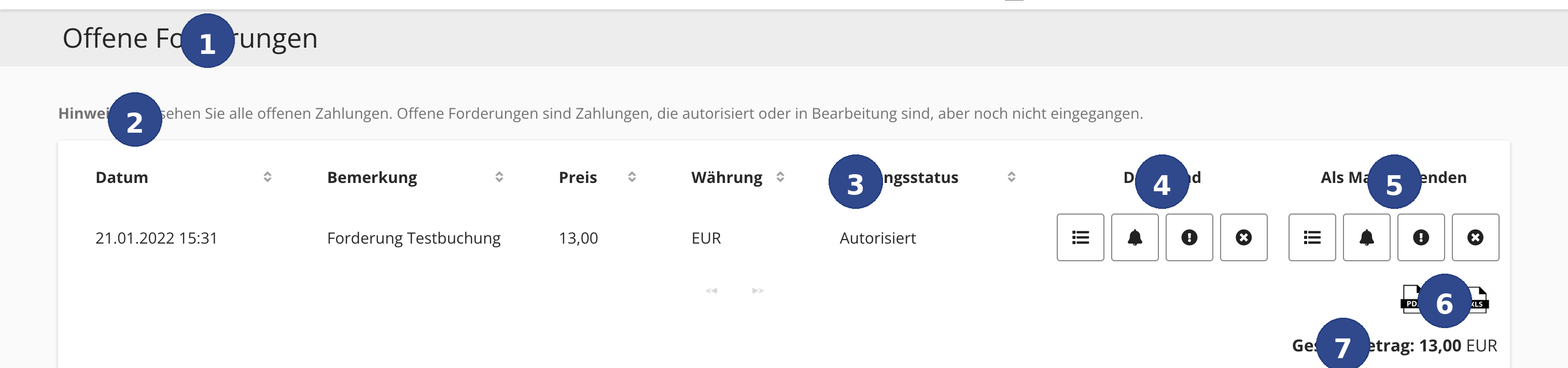 Screenshot of the receivables overview in the spooorts Manager with callouts